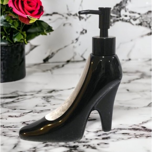 Soap Lotion Pump Dispenser Ceramic High Heel Shiny Black Patent Leather Style - Picture 2 of 12